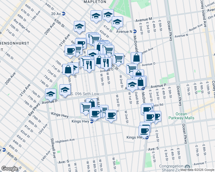 map of restaurants, bars, coffee shops, grocery stores, and more near 1481 West 8th Street in Brooklyn