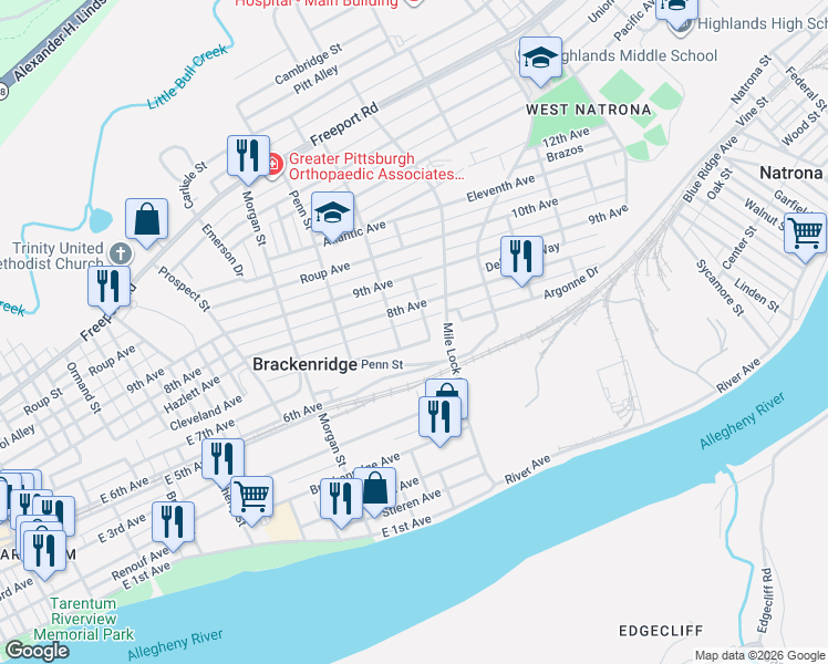 map of restaurants, bars, coffee shops, grocery stores, and more near 1116 8th Avenue in Brackenridge