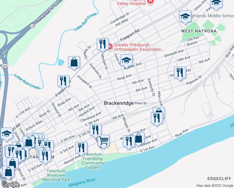 map of restaurants, bars, coffee shops, grocery stores, and more near in Brackenridge