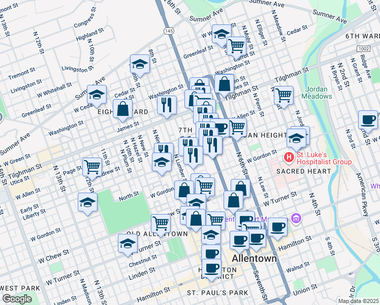 map of restaurants, bars, coffee shops, grocery stores, and more near 527 North Eighth Street in Allentown