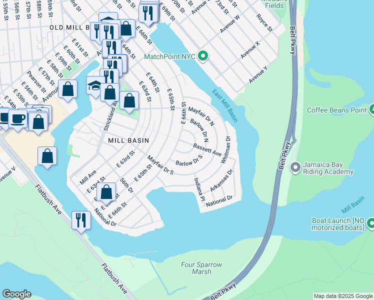 map of restaurants, bars, coffee shops, grocery stores, and more near 86 Gaylord Drive South in Brooklyn