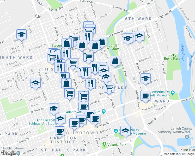 map of restaurants, bars, coffee shops, grocery stores, and more near 422 West Gordon Street in Allentown