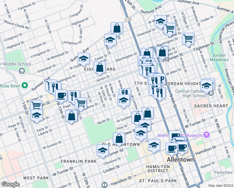 map of restaurants, bars, coffee shops, grocery stores, and more near 913 Allen Street in Allentown