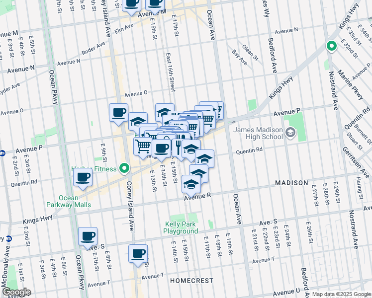 map of restaurants, bars, coffee shops, grocery stores, and more near 1522-1526 Kings Highway in Brooklyn