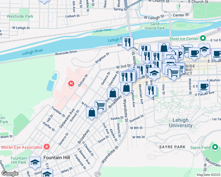 map of restaurants, bars, coffee shops, grocery stores, and more near 614 Dakotah Street in Bethlehem