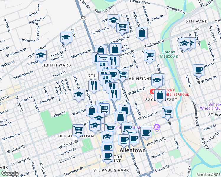map of restaurants, bars, coffee shops, grocery stores, and more near 507 Park Street in Allentown