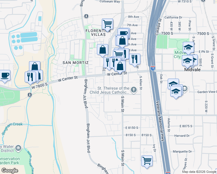 map of restaurants, bars, coffee shops, grocery stores, and more near 7827 Holden Street in Midvale