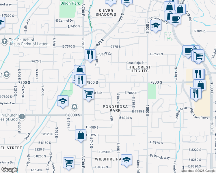 map of restaurants, bars, coffee shops, grocery stores, and more near 799 7800 South in Sandy