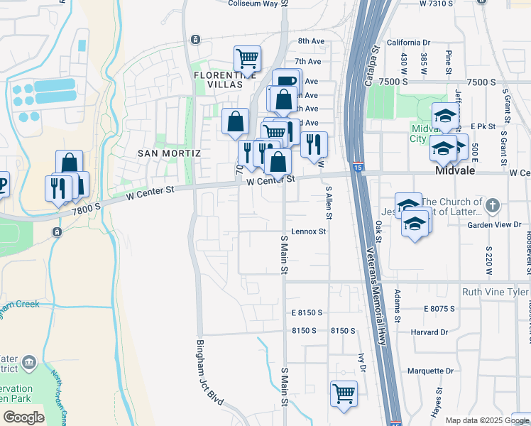 map of restaurants, bars, coffee shops, grocery stores, and more near 7815 South Cooper Street in Midvale