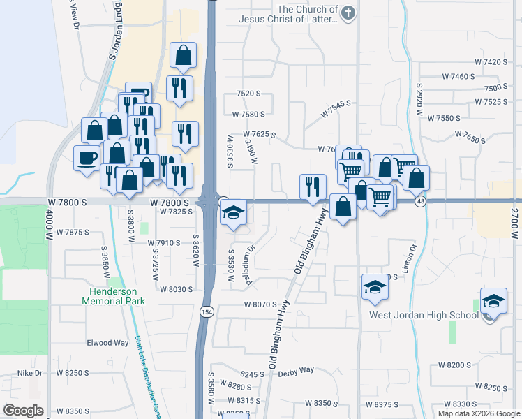 map of restaurants, bars, coffee shops, grocery stores, and more near in West Jordan