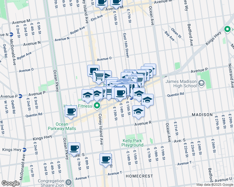 map of restaurants, bars, coffee shops, grocery stores, and more near 1630 East 15th Street in Brooklyn