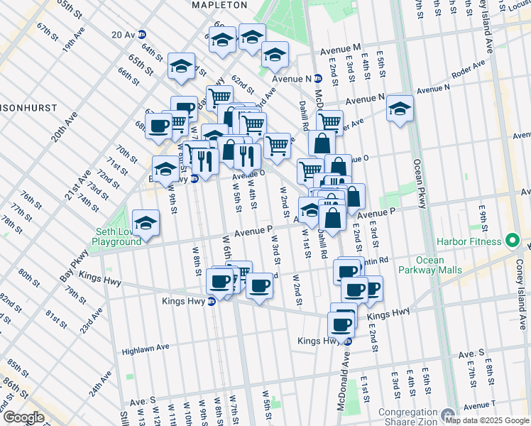 map of restaurants, bars, coffee shops, grocery stores, and more near 1555 West 3rd Street in Brooklyn