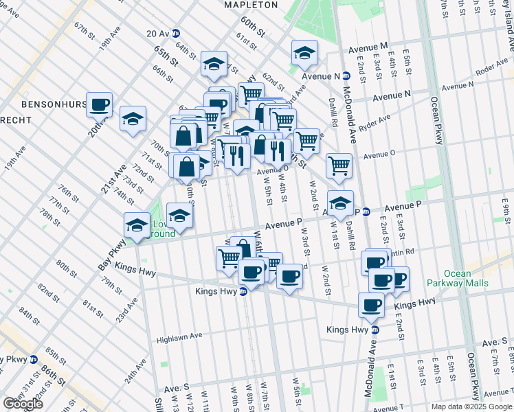 map of restaurants, bars, coffee shops, grocery stores, and more near 1541 West 6th Street in Brooklyn
