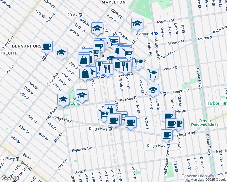 map of restaurants, bars, coffee shops, grocery stores, and more near 1541 West 6th Street in Brooklyn