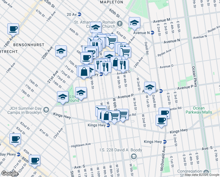 map of restaurants, bars, coffee shops, grocery stores, and more near 1541 West 6th Street in Brooklyn