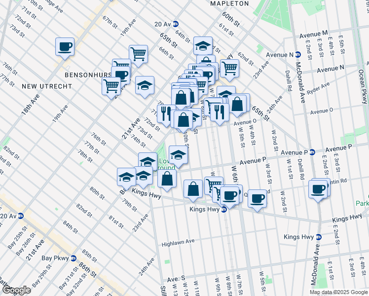 map of restaurants, bars, coffee shops, grocery stores, and more near 1527 West 11th Street in Brooklyn