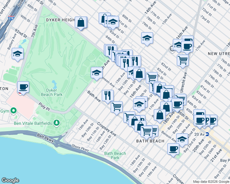 map of restaurants, bars, coffee shops, grocery stores, and more near 8691 15th Avenue in Brooklyn