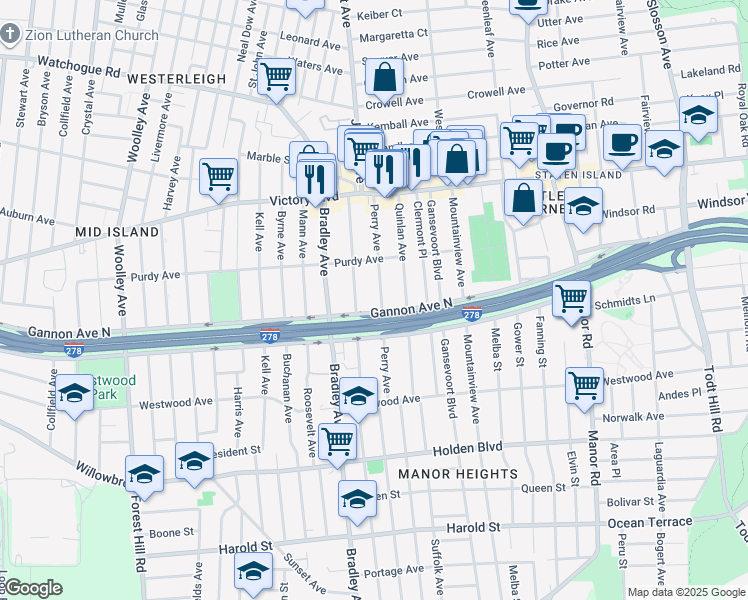 map of restaurants, bars, coffee shops, grocery stores, and more near 112 Perry Avenue in Staten Island