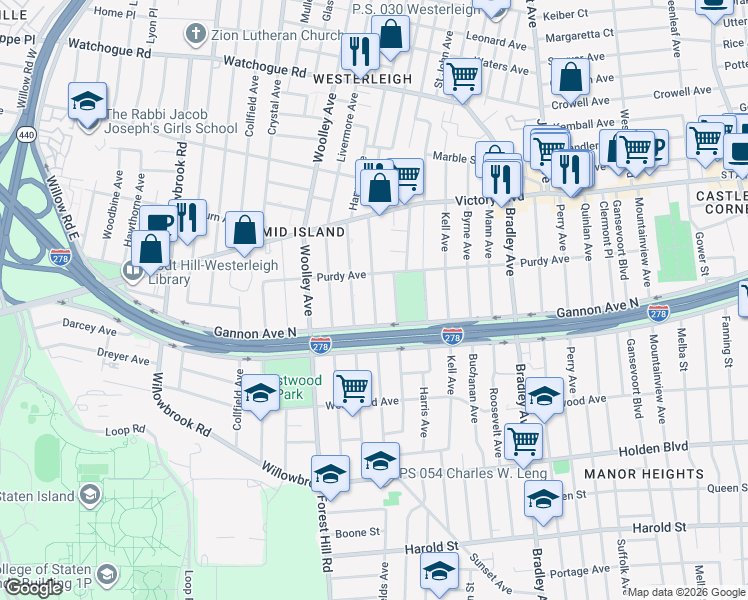 map of restaurants, bars, coffee shops, grocery stores, and more near 84 Warwick Avenue in Staten Island