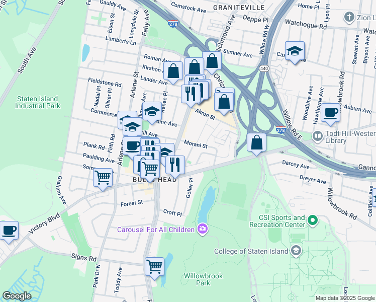 map of restaurants, bars, coffee shops, grocery stores, and more near 1587 Richmond Avenue in Staten Island
