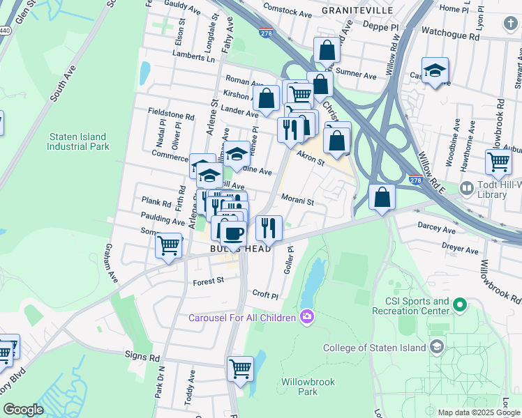 map of restaurants, bars, coffee shops, grocery stores, and more near 44 Danny Court in Staten Island