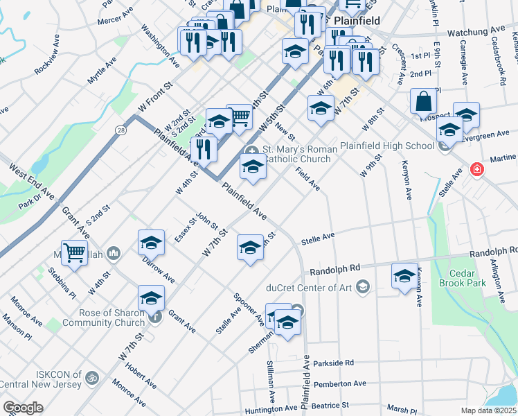 map of restaurants, bars, coffee shops, grocery stores, and more near 542 West 7th Street in Plainfield