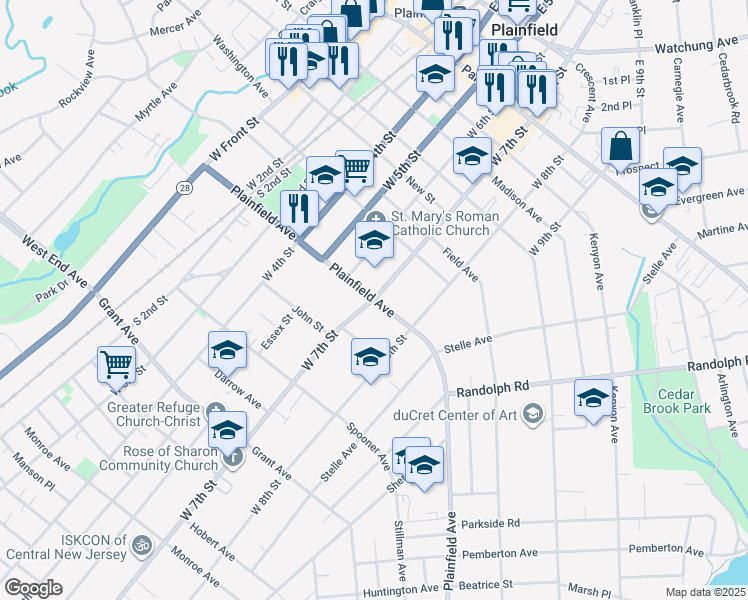 map of restaurants, bars, coffee shops, grocery stores, and more near 542 West 7th Street in Plainfield