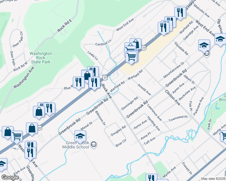 map of restaurants, bars, coffee shops, grocery stores, and more near 707 Warfield Road in North Plainfield