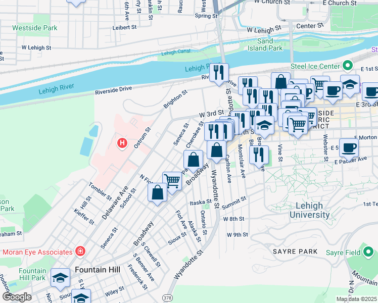 map of restaurants, bars, coffee shops, grocery stores, and more near 614 Dakotah Street in Bethlehem