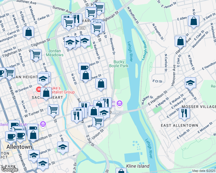 map of restaurants, bars, coffee shops, grocery stores, and more near 210 North Front Street in Allentown
