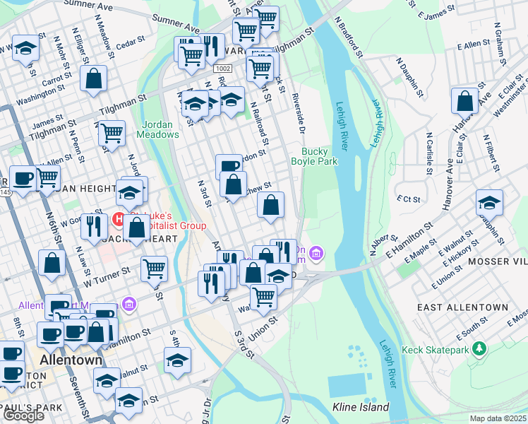 map of restaurants, bars, coffee shops, grocery stores, and more near 220 North Railroad Street in Allentown