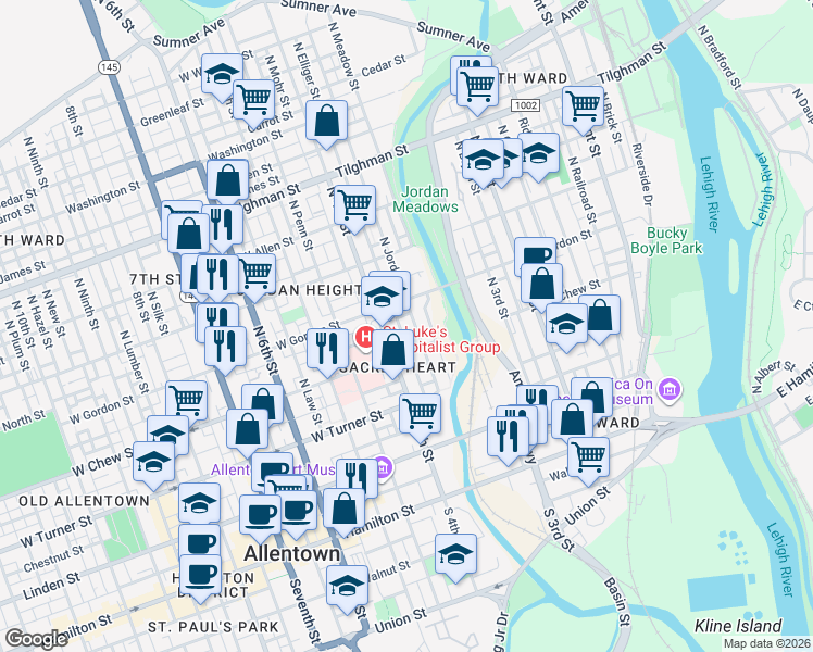 map of restaurants, bars, coffee shops, grocery stores, and more near 333 North Jordan Street in Allentown