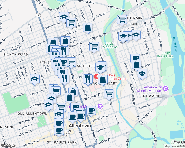 map of restaurants, bars, coffee shops, grocery stores, and more near 429 West Gordon Street in Allentown