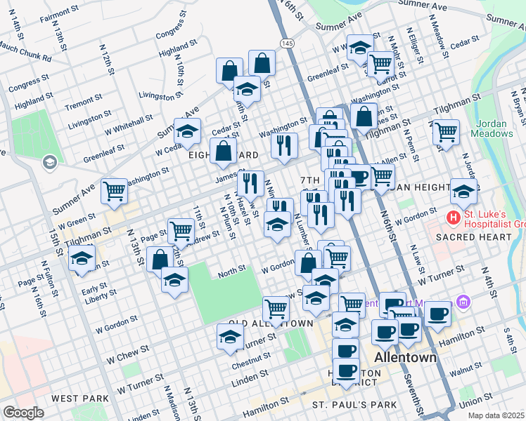 map of restaurants, bars, coffee shops, grocery stores, and more near 913 Allen Street in Allentown