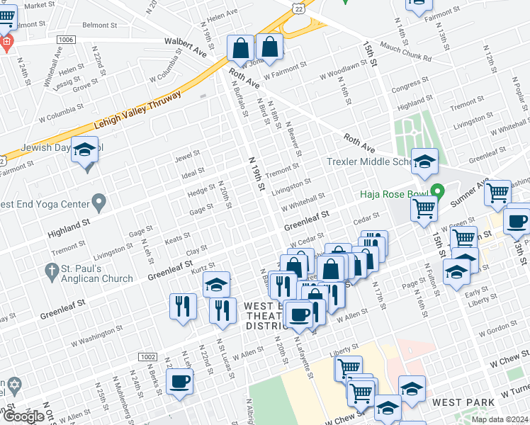 map of restaurants, bars, coffee shops, grocery stores, and more near 1916 Livingston Street in Allentown