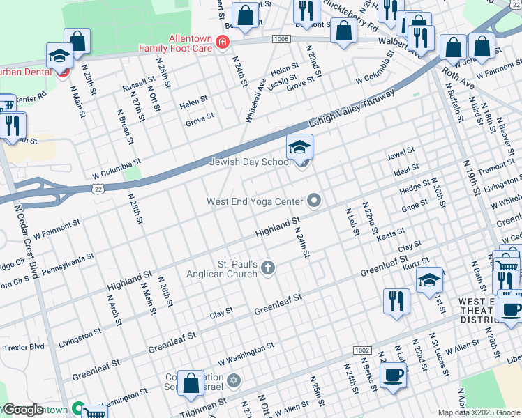 map of restaurants, bars, coffee shops, grocery stores, and more near 2424 Pennsylvania Street in Allentown