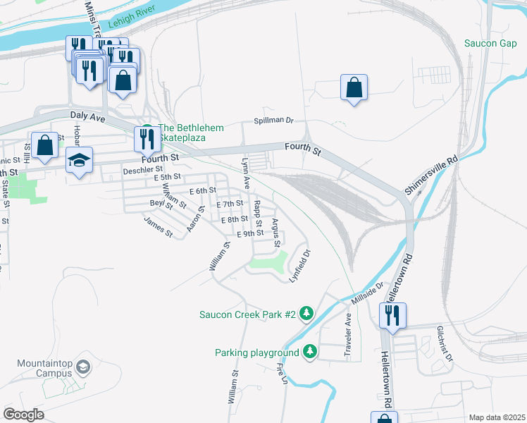 map of restaurants, bars, coffee shops, grocery stores, and more near 1628 East 6th Street in Bethlehem