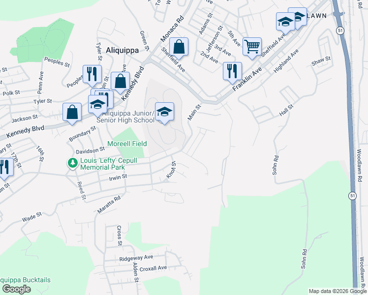 map of restaurants, bars, coffee shops, grocery stores, and more near 1004 Main Street in Aliquippa