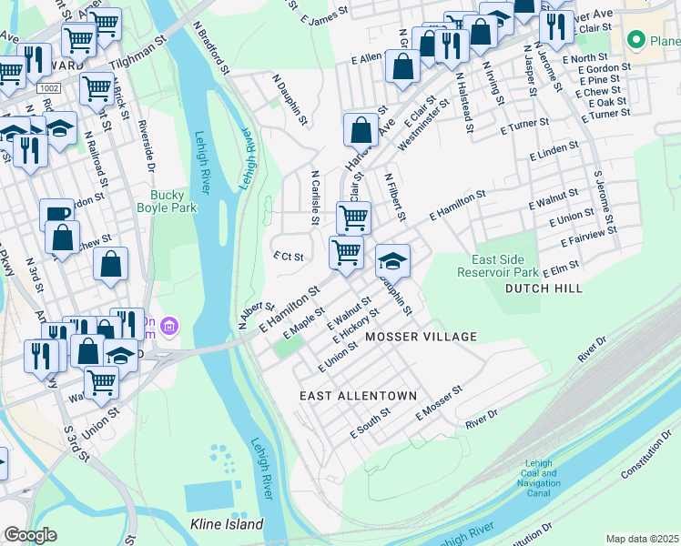map of restaurants, bars, coffee shops, grocery stores, and more near 1 South Carlisle Street in Allentown