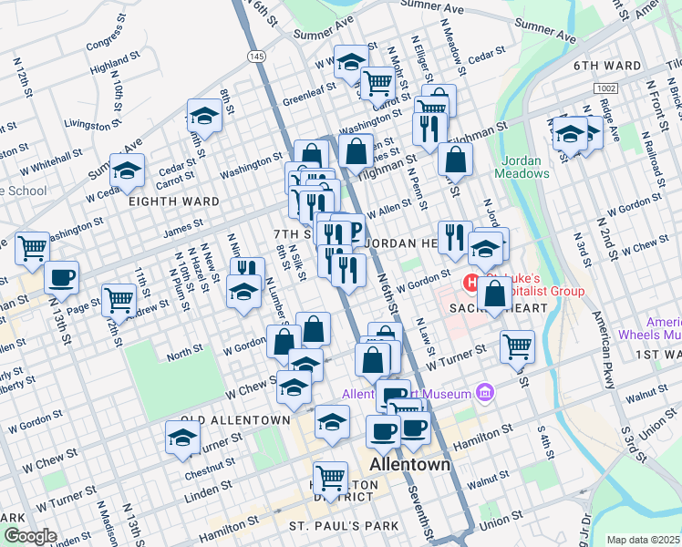 map of restaurants, bars, coffee shops, grocery stores, and more near 443 North 7th Street in Allentown
