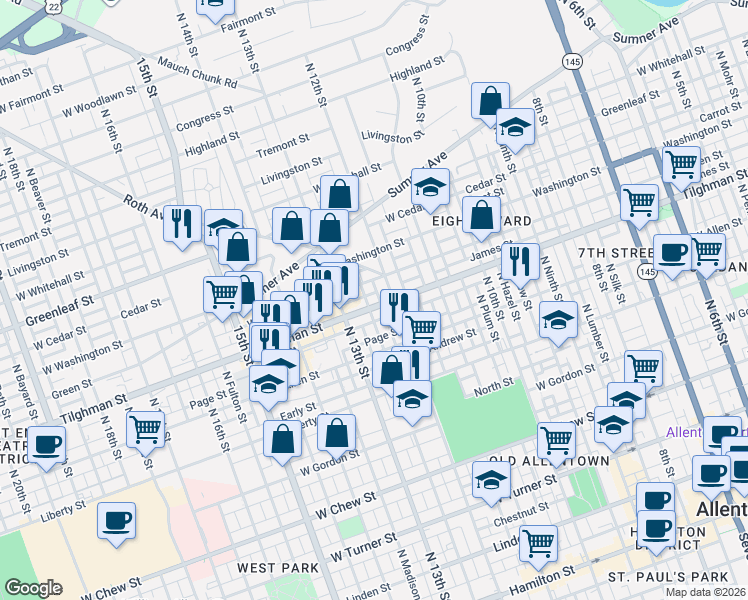 map of restaurants, bars, coffee shops, grocery stores, and more near 719 North Jefferson Street in Allentown