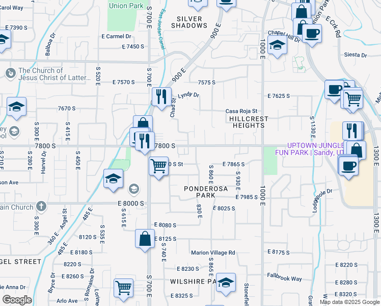 map of restaurants, bars, coffee shops, grocery stores, and more near 7825 South Spruce Tree Lane in Sandy