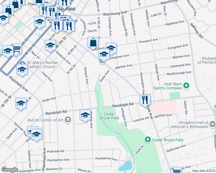 map of restaurants, bars, coffee shops, grocery stores, and more near 1022 Rose Street in Plainfield