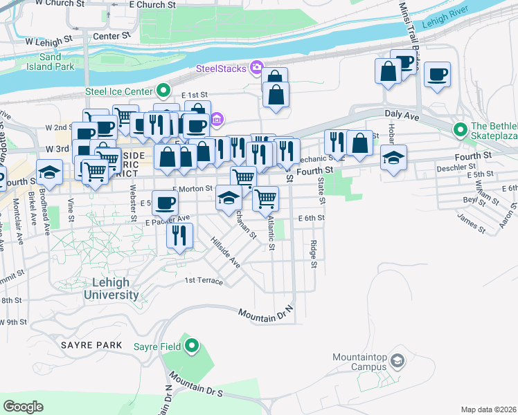 map of restaurants, bars, coffee shops, grocery stores, and more near 752 East 5th Street in Bethlehem