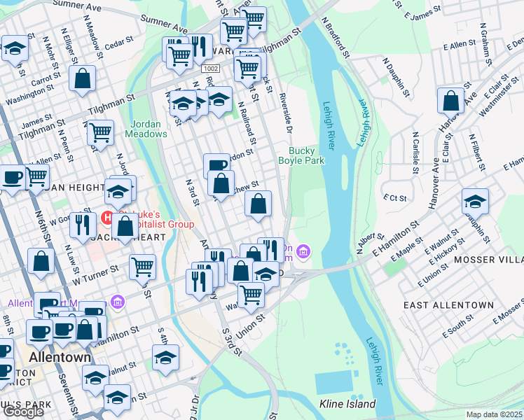 map of restaurants, bars, coffee shops, grocery stores, and more near 220 North Railroad Street in Allentown