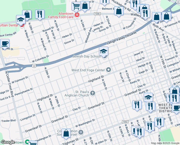 map of restaurants, bars, coffee shops, grocery stores, and more near 2424 Pennsylvania Street in Allentown