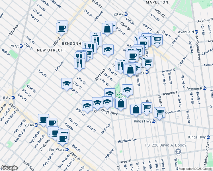 map of restaurants, bars, coffee shops, grocery stores, and more near 2156 74th Street in Brooklyn