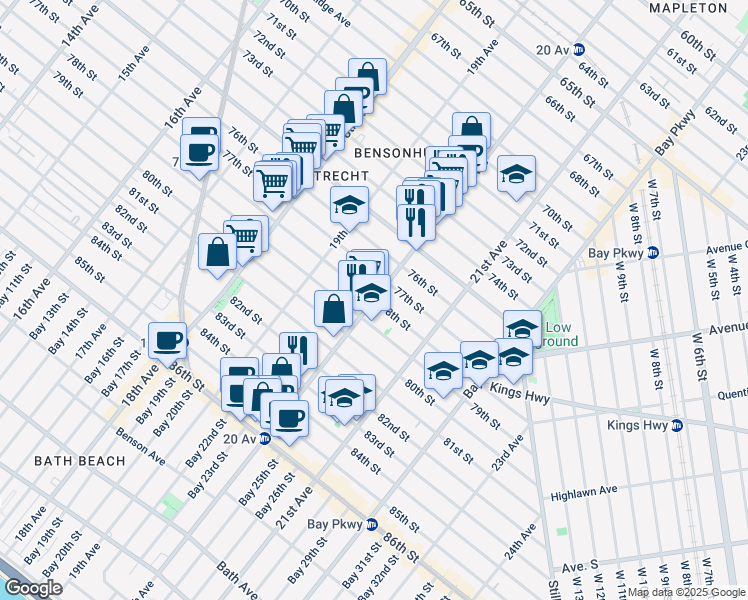 map of restaurants, bars, coffee shops, grocery stores, and more near 20th Ave & 78th St in Brooklyn