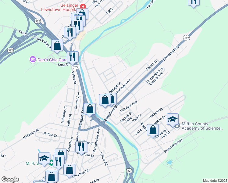 map of restaurants, bars, coffee shops, grocery stores, and more near 7 Spanogle Avenue in Lewistown