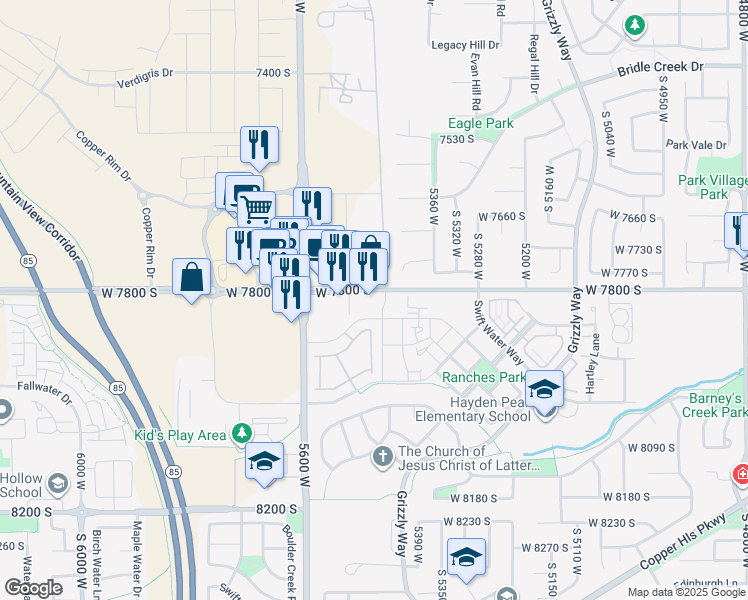 map of restaurants, bars, coffee shops, grocery stores, and more near 5504 West 7800 South in West Jordan